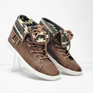 CALL IT SPRING High Top Sneakers Size 7 Brown Faux Leather Aztec Textile Boho